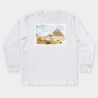 Egypt Sphinx Giza Pyramids Lovely Traveling Fine Art Painting Kids Long Sleeve T-Shirt